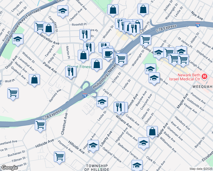map of restaurants, bars, coffee shops, grocery stores, and more near 36 Fabyan Place in Irvington