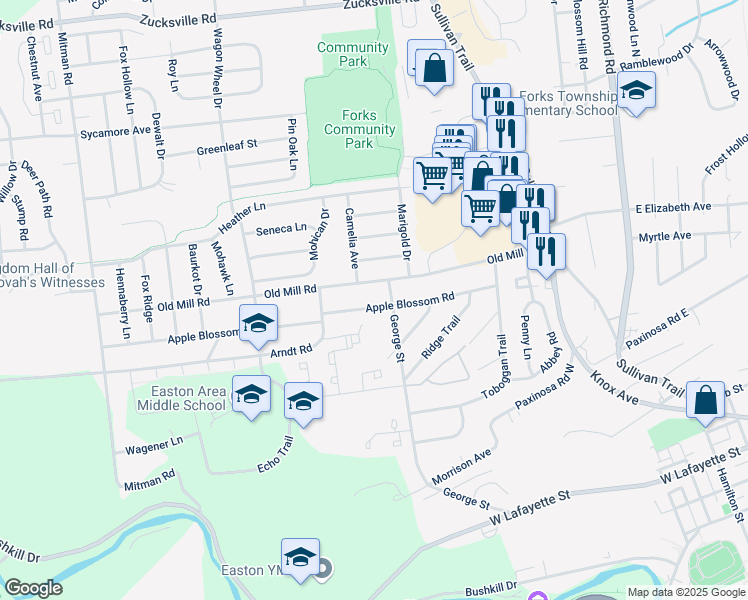 map of restaurants, bars, coffee shops, grocery stores, and more near 500 Old Mill Road in Easton