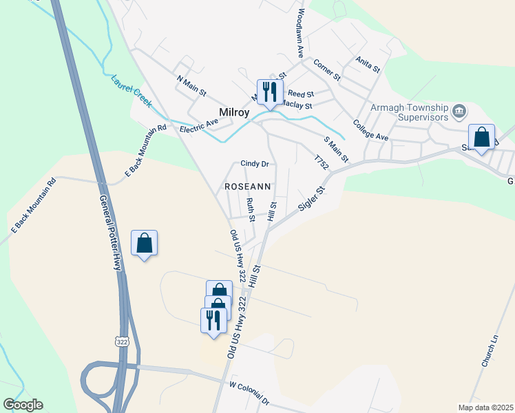 map of restaurants, bars, coffee shops, grocery stores, and more near 52 Ruth Street in Milroy
