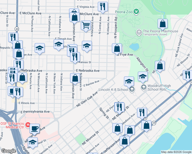 map of restaurants, bars, coffee shops, grocery stores, and more near 1100 East Nebraska Avenue in Peoria