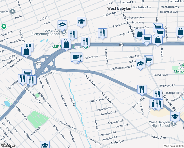 map of restaurants, bars, coffee shops, grocery stores, and more near 305 New York 109 in West Babylon
