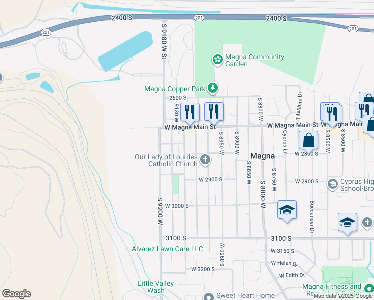map of restaurants, bars, coffee shops, grocery stores, and more near 2787 South 9100 West in Magna
