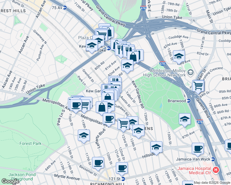 map of restaurants, bars, coffee shops, grocery stores, and more near 82-64 Austin Street in Queens