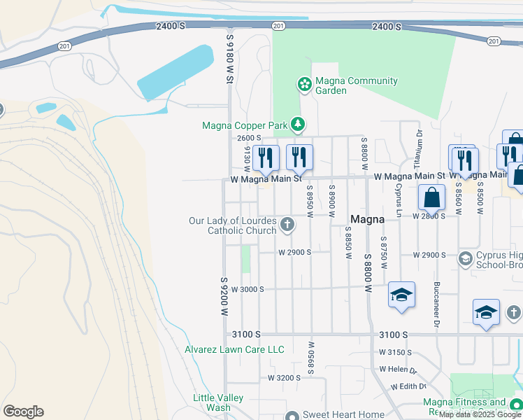 map of restaurants, bars, coffee shops, grocery stores, and more near 2787 South 9100 West in Magna