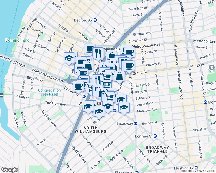 map of restaurants, bars, coffee shops, grocery stores, and more near South 3rd Street & Keap Street in Brooklyn