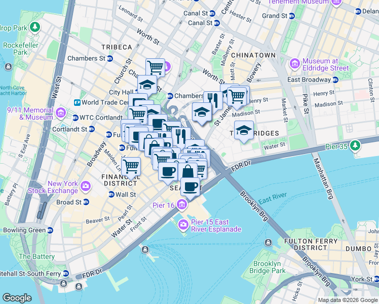 map of restaurants, bars, coffee shops, grocery stores, and more near 100 Gold Street in New York
