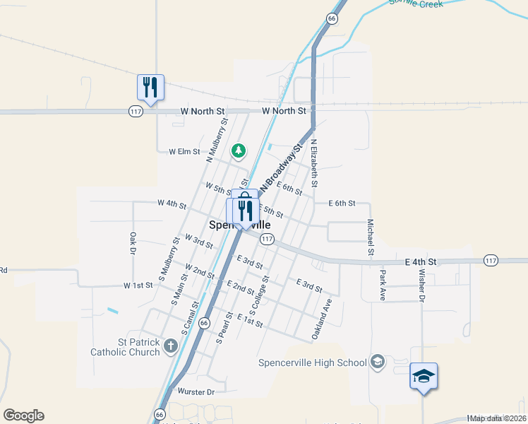 map of restaurants, bars, coffee shops, grocery stores, and more near 304 North Broadway Street in Spencerville