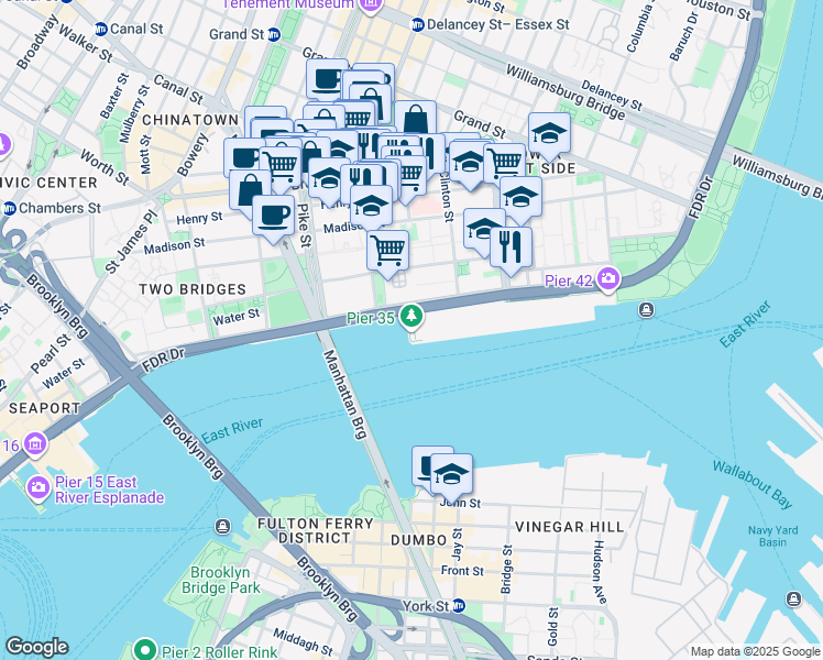 map of restaurants, bars, coffee shops, grocery stores, and more near 299 South Street in New York