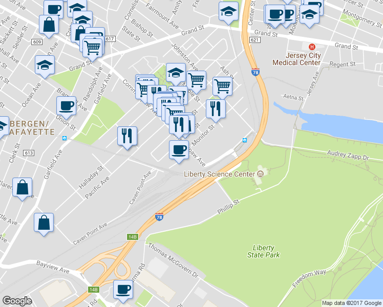 map of restaurants, bars, coffee shops, grocery stores, and more near Suydam Avenue in Jersey City
