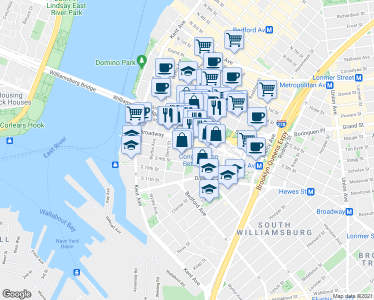 map of restaurants, bars, coffee shops, grocery stores, and more near Bedford Ave & S 8th St in Brooklyn