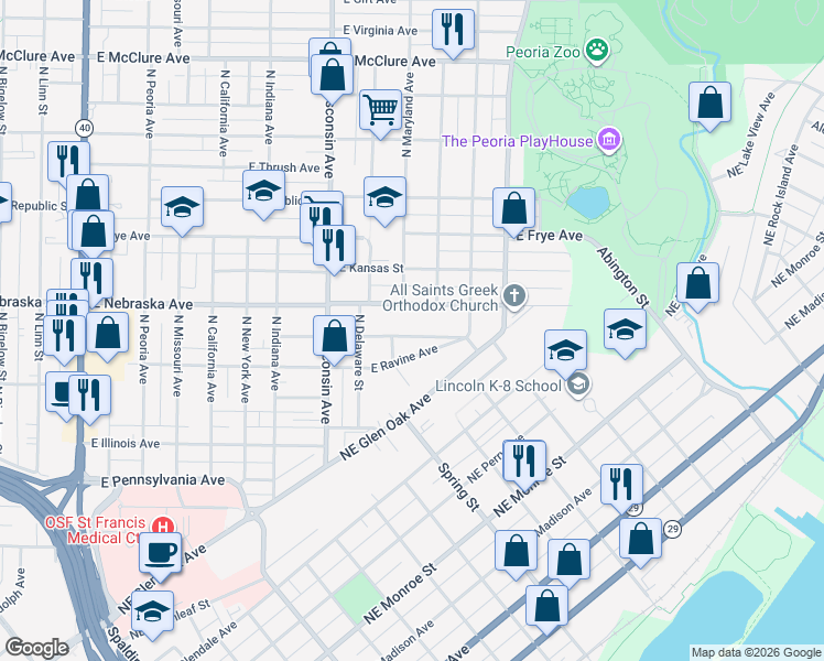 map of restaurants, bars, coffee shops, grocery stores, and more near 1015 East Behrends Avenue in Peoria