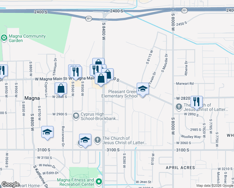 map of restaurants, bars, coffee shops, grocery stores, and more near 2776 South Saysay Way in Magna