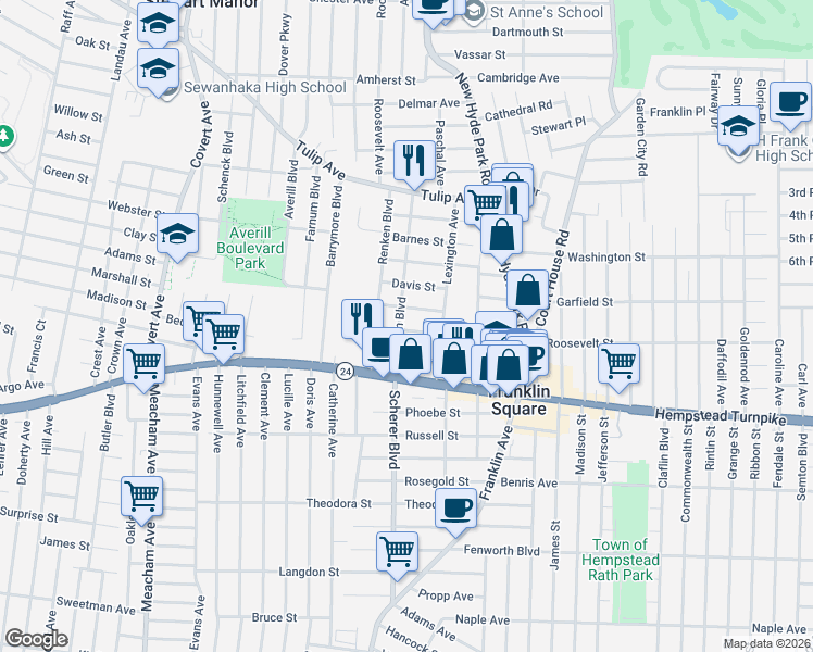 map of restaurants, bars, coffee shops, grocery stores, and more near 1087 Lawrence Street in Franklin Square
