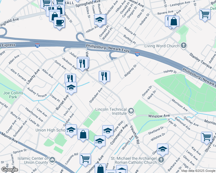 map of restaurants, bars, coffee shops, grocery stores, and more near 2443 Vauxhall Road in Union