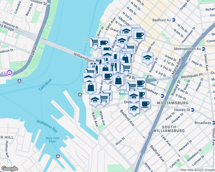 map of restaurants, bars, coffee shops, grocery stores, and more near 60 Broadway in Brooklyn