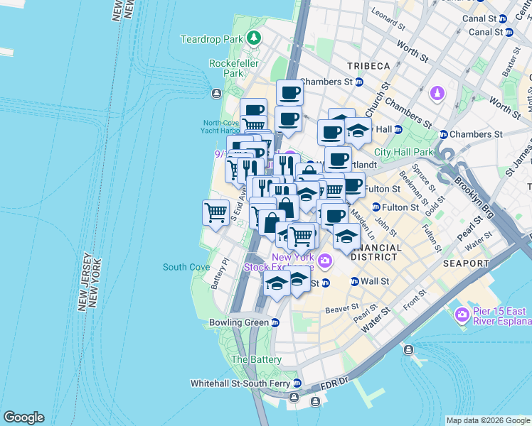 map of restaurants, bars, coffee shops, grocery stores, and more near 80 West Street in New York