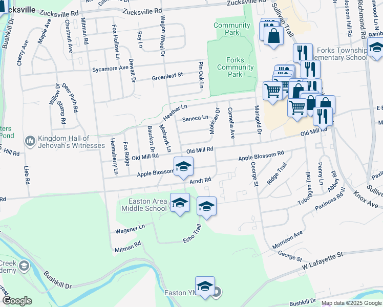 map of restaurants, bars, coffee shops, grocery stores, and more near 816 Old Mill Road in Easton