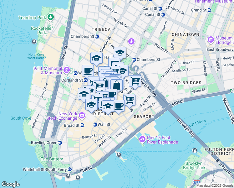 map of restaurants, bars, coffee shops, grocery stores, and more near Fulton St & William St in New York
