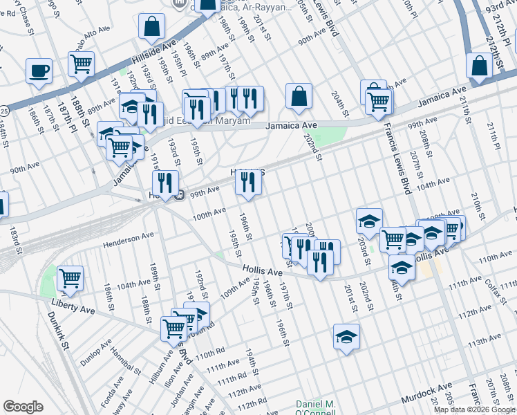 map of restaurants, bars, coffee shops, grocery stores, and more near 196-15 100th Avenue in Queens