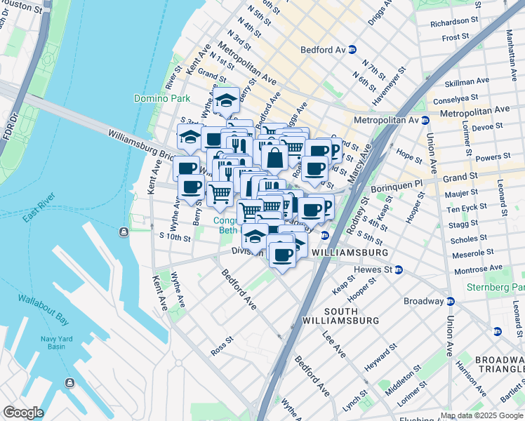 map of restaurants, bars, coffee shops, grocery stores, and more near 185 Broadway in Brooklyn