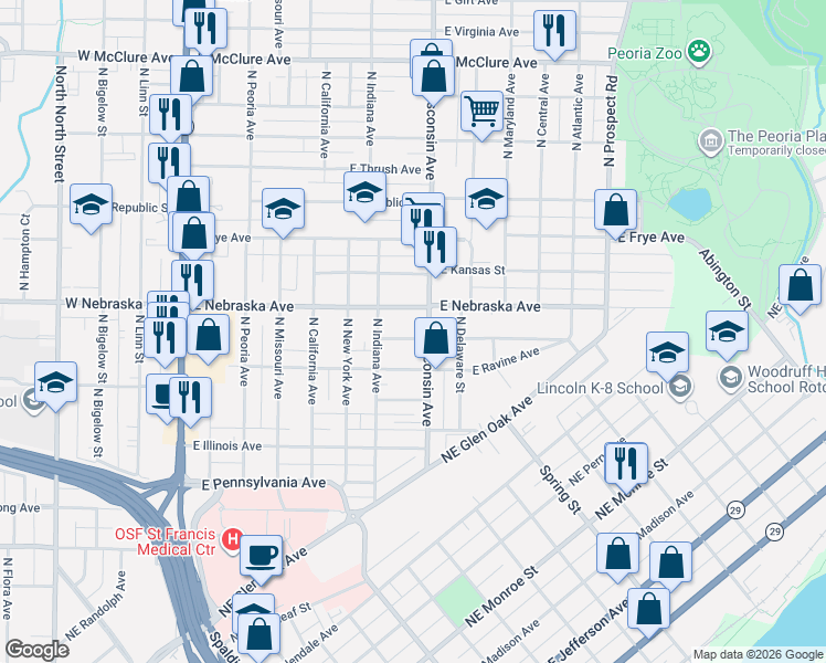 map of restaurants, bars, coffee shops, grocery stores, and more near in Peoria