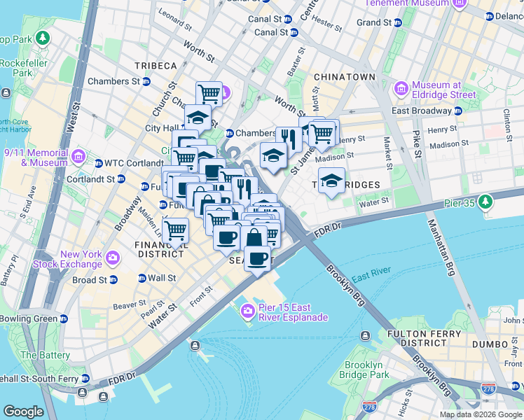 map of restaurants, bars, coffee shops, grocery stores, and more near 100 Gold Street in New York