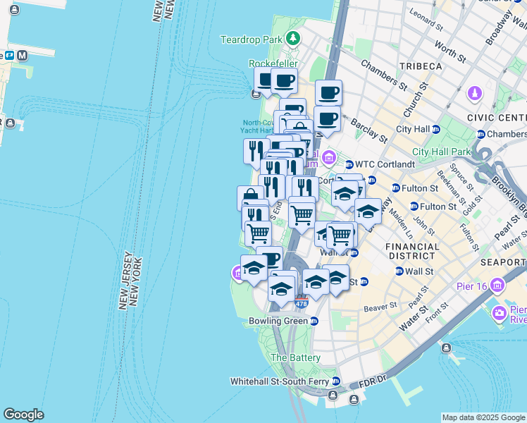 map of restaurants, bars, coffee shops, grocery stores, and more near 377 Rector Place in New York