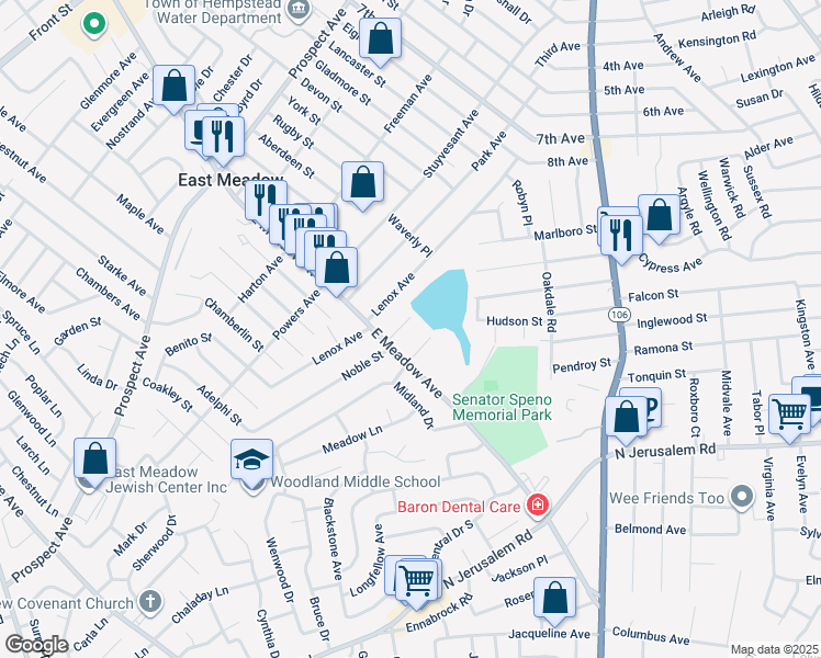 map of restaurants, bars, coffee shops, grocery stores, and more near 1797 Noble Street in East Meadow