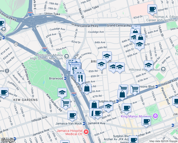 map of restaurants, bars, coffee shops, grocery stores, and more near 141-41 85th Road in Queens