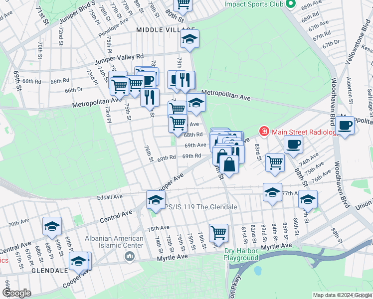 map of restaurants, bars, coffee shops, grocery stores, and more near 79-22 69th Avenue in Queens