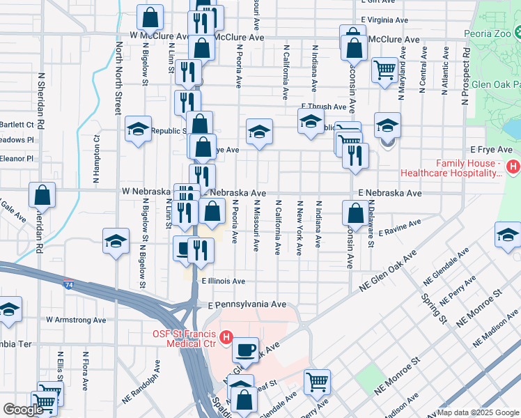 map of restaurants, bars, coffee shops, grocery stores, and more near 1822 North Missouri Avenue in Peoria