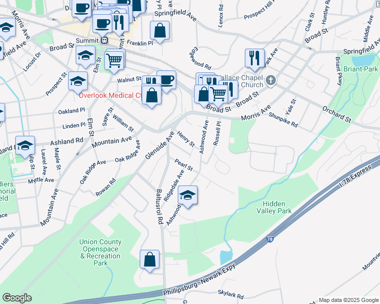 map of restaurants, bars, coffee shops, grocery stores, and more near 9 Henry Street in Summit