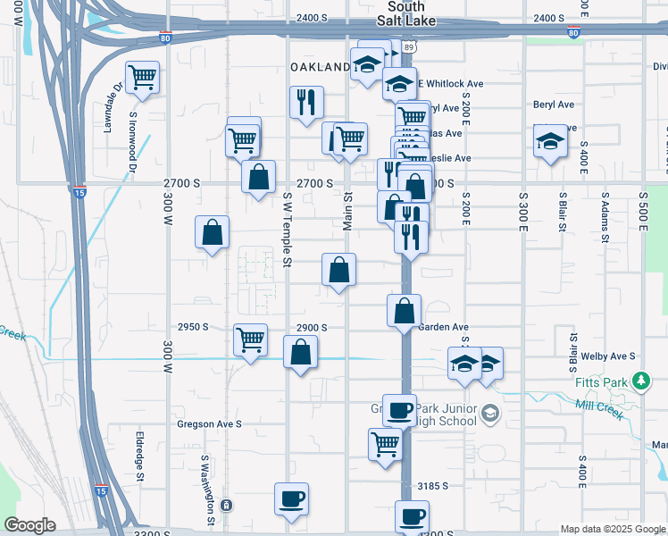 map of restaurants, bars, coffee shops, grocery stores, and more near 52 West Sunset Avenue in South Salt Lake