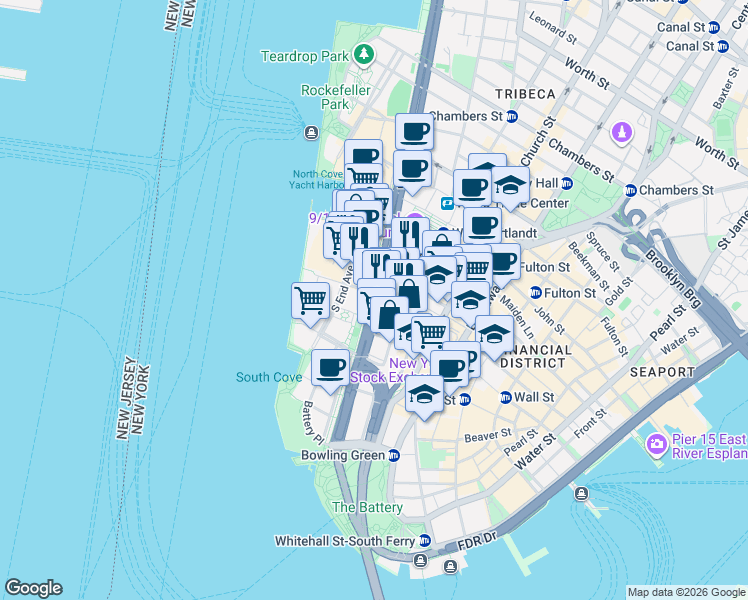 map of restaurants, bars, coffee shops, grocery stores, and more near 79 West Street in New York