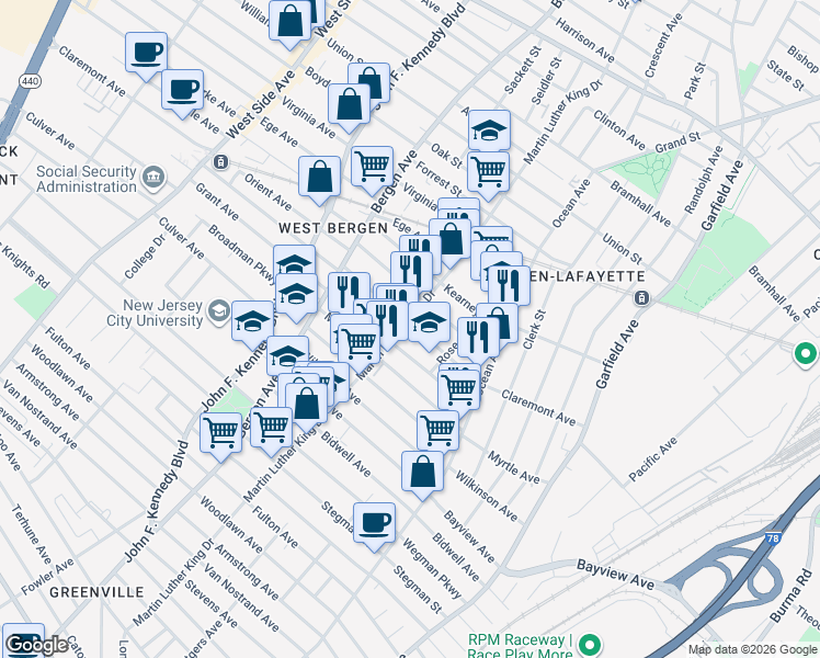map of restaurants, bars, coffee shops, grocery stores, and more near 165 Claremont Avenue in Jersey City