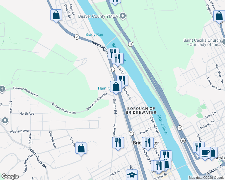 map of restaurants, bars, coffee shops, grocery stores, and more near 1439 Sharon Road in Beaver