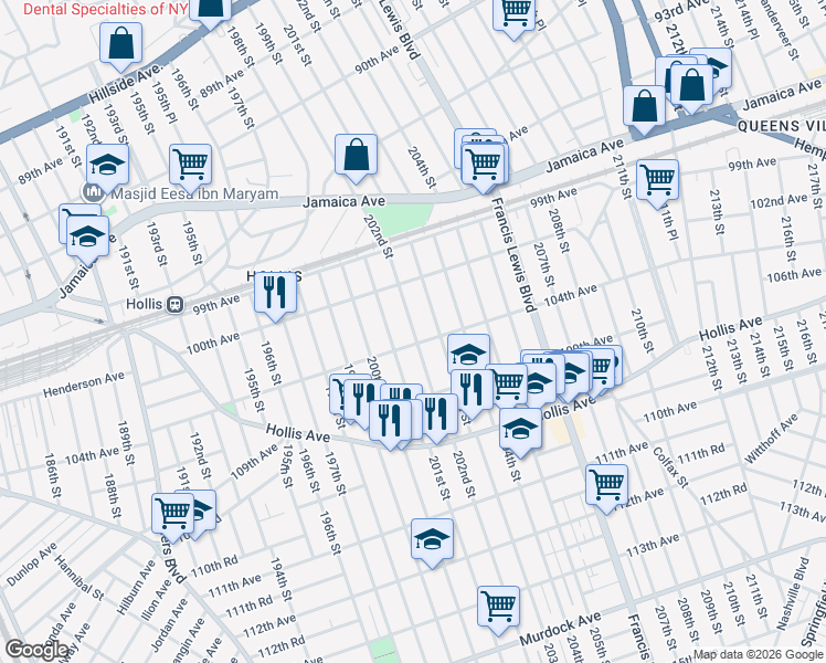 map of restaurants, bars, coffee shops, grocery stores, and more near 100-40 203rd Street in Queens
