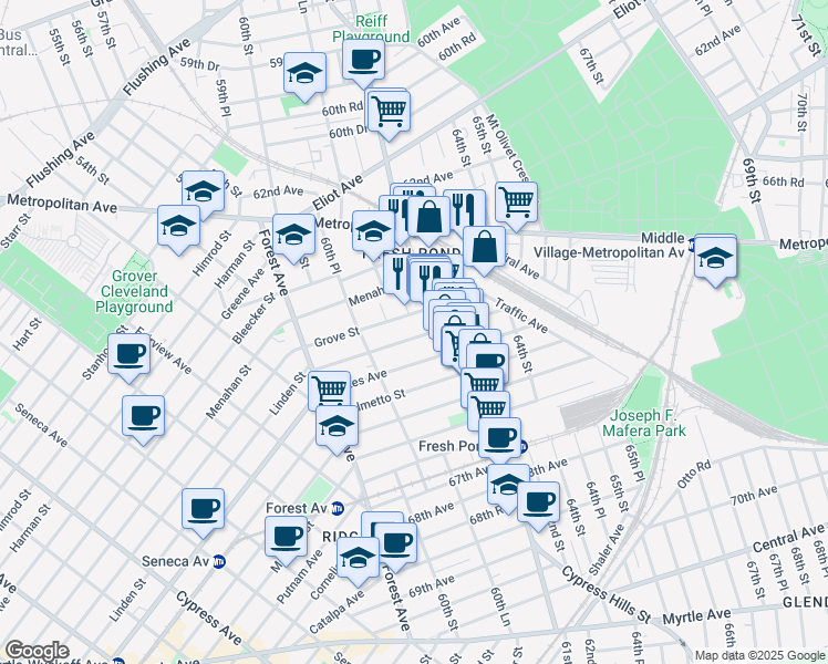 map of restaurants, bars, coffee shops, grocery stores, and more near 60-49 Linden Street in Queens