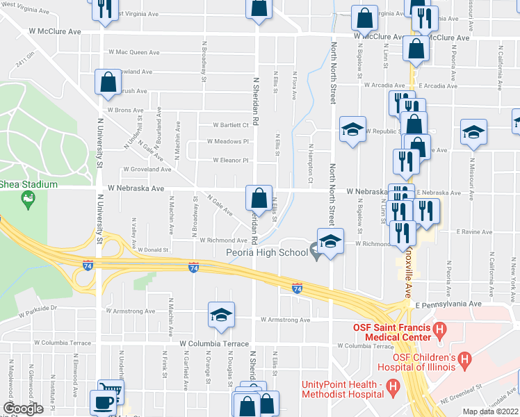 map of restaurants, bars, coffee shops, grocery stores, and more near 1810 North Sheridan Road in Peoria