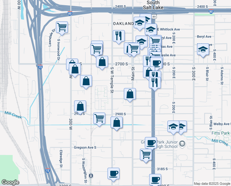 map of restaurants, bars, coffee shops, grocery stores, and more near 2814 South West Temple in South Salt Lake