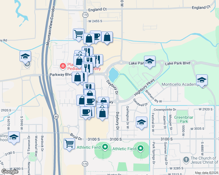map of restaurants, bars, coffee shops, grocery stores, and more near 5432 Highbury Parkway in West Valley City