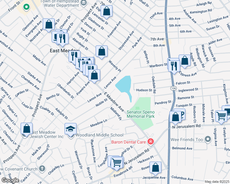 map of restaurants, bars, coffee shops, grocery stores, and more near 1797 Noble Street in East Meadow