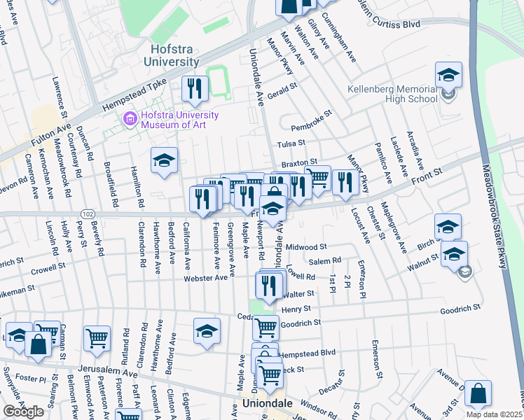 map of restaurants, bars, coffee shops, grocery stores, and more near in Uniondale