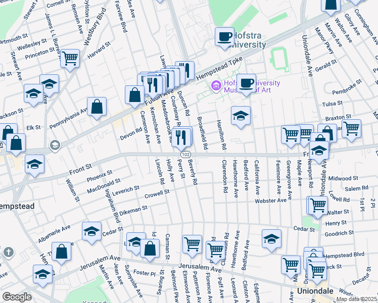 map of restaurants, bars, coffee shops, grocery stores, and more near 151 Duncan Road in Hempstead