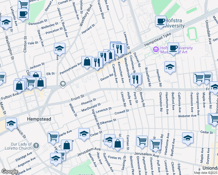 map of restaurants, bars, coffee shops, grocery stores, and more near 18 Elizabeth Court in Hempstead
