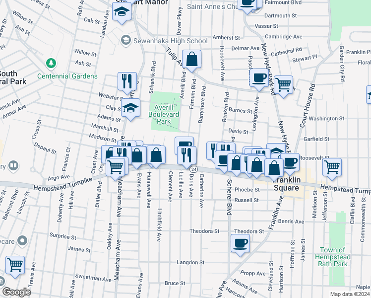 map of restaurants, bars, coffee shops, grocery stores, and more near 59 Farnum Boulevard in Franklin Square