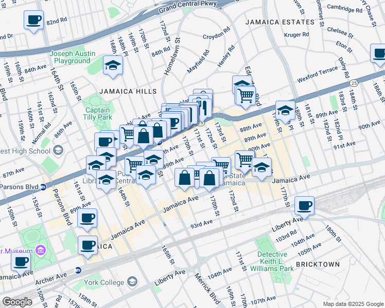 map of restaurants, bars, coffee shops, grocery stores, and more near 88-15 170th Street in Queens