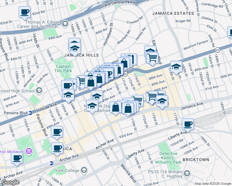 map of restaurants, bars, coffee shops, grocery stores, and more near 88-15 170th Street in Queens