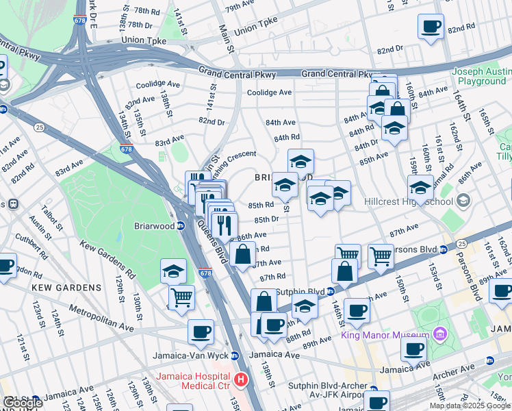 map of restaurants, bars, coffee shops, grocery stores, and more near 141-41 85th Road in Queens