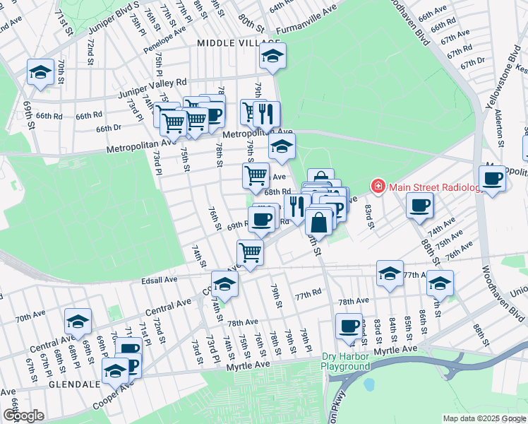 map of restaurants, bars, coffee shops, grocery stores, and more near 79-33 69th Avenue in Queens